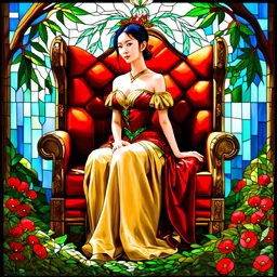 Stained Glass Art Nouveau art style A beautiful as a model asian woodland elf princess who looks like a young Lucy Liu seated on a throne surrounded by poppies and marijuana leaves in a mystical forest, photo-realistic