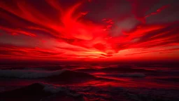 A surreal scene where the sky is painted a deep, vibrant red, symbolizing intense emotions. The red sky dominates the scene, with subtle hints of tears that blend into the surroundings. Precious stones like emeralds, diamonds, and rubies glimmer softly, representing hopes and dreams. Waves gently rise, as if waving farewell, while the overall atmosphere remains calm yet deeply emotional, with the red sky taking center stage.