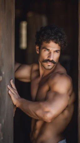 close up photography of a burly beefy muscular brazilian farmer 29 years old, sweat, short curly hair, big moustach, manly chest, hand on the fap, manly chest with tank top, on the door of a large barn, under the sun