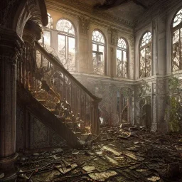 abandoned, two story building, crumbling, debris, weeds, 8k resolution, high-quality, elaborate, fine-detail, intricate, baroque, detailed matte, digital art, volumetric lighting, illustration, 3D octane render, brian froud, howard lyon, selina french, anna dittmann, annie stokes, lisa parker, greg rutowski