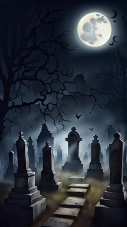 Night realistic detailed cemetery, haunted atmosphere, moon