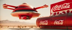 Coca-Cola Branded unmanned combat aerial vehicle flying over a Mcdonalds brand tank, middle east Desert, cinematic, Fuji Film, Anamorphic lens, 2040s, deep depth of field, in a Cyber punk WW3 film, Like Fallout 4