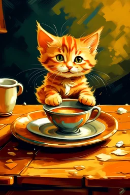 Retrato de un Pequeño gatito naranja feliz tirando cafe sobre la mesa estilo van gohg