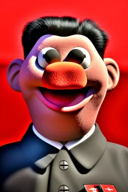 Waist up muppet Portrait, Kim Jong-un muppet doll, black suit, photo studio, red background, unreal engine 5, concept art, art station, god lights, ray tracing, RTX, lumen lighting, ultra detail, volumetric lighting, 3d.