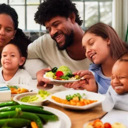 A man with his family at the dining table eating an extremely healthy meal of fresh Whole Foods