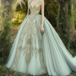 stunning couture gown designed by Marchesa inspired by fairytales, realistic epic fantasy colors, detailed, high quality, intricate, fantasyland background,