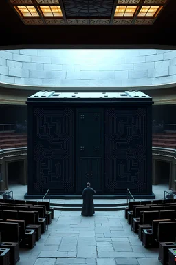 An enormous black box that almost appears like it has circuits on the outside. It is not labeled with any text save for Babylonian scratch marks that label it. It is an imposing device that emits a terrifying aura, and so it is locked away in a secure basement of the wizard's tower. The room it is in is similar to a large amphitheater, but this room is empty save for one wizard inspecting it. The size is approximately 10ft cubed, so it is much larger than an average person.