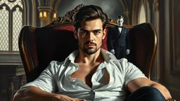 An epic dark fantasy oil painting of a handsome muscular nobleman seated in a luxurious Victorian armchair inside an ancient Gothic castle. Around 35 years old, with dark shoulder-length hair, a strong jawline, subtle beard, and piercing eyes locked directly on the viewer. His white shirt hangs partially open , in the background in victorian dress a vampire voman' blur shadow stands, deep colors, detalied, mystic, stunning