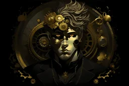 pale young man with osseous gold mask and dark clothes standing before clockwork gears and hissing steam, with no other people around, in the style of Alphonse Mucha, Raffaelle Monti, Antonio Corradini, and Gianlorenzo Bernini