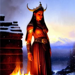 Drawing of beautiful face extra busty viking queen,balcony, view, fire brazier,braids,,snow,castle,mountains,ancient leather armor, balanciaga fashion clothe painting by gaston bussiere, greg rutkowski, yoji shinkawa, yoshitaka amano, tsutomu nihei, donato giancola, tim hildebrandt, oil on canvas, cinematic composition, extreme detail,fit full head inside picture,16k