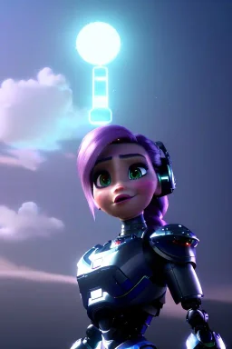 a beautiful full frame portrait digital painting of a futuristic animepunk robot listening to music, wide angle view, close-up, macro lens, centered camera, titanium accents, intricate details, small minutiae, tiny features, purple hair, green eyes. particulars, colorful, 8k, least ambient occlusion, volumetric lighting, volumetric clouds