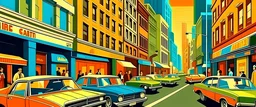 1970s vintage street, professional photography, colorful, city, realistic vector style