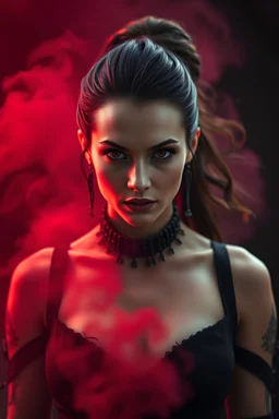 Meg turney as a Female mad max character. Queen of Darkness aura. red and black smoke billowing in the background, above shot, artist by Richard Tuschman Style --ar 16:9 --v 6.1