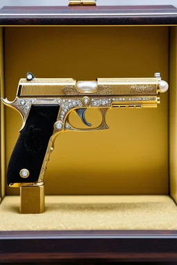 A luxurious (((gun))) crafted from solid gold, intricate details like diamonds around and (silver) engravings, exuding opulence and power, with a pearl pistol grip, displayed in a gold display case with black felt