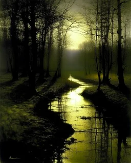 A black swamp with shadows painted by John Atkinson Grimshaw