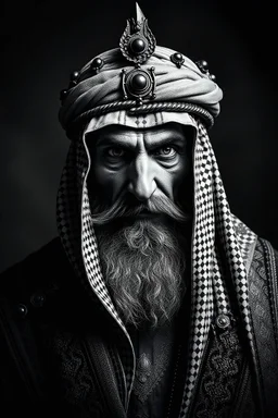 Persian king old school sheikh evil ruler dark theme portrait black white