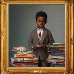 Smart African American young boy on pile of books by Monet