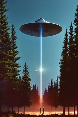 year is 1966 (a bunch of school kids) see ufo flying over tall pine trees, concept art, by Asaf Hanuka, by Weta Digital, Electric Colors, Screen Space Global Illumination, in a symbolic and meaningful style, 3 large lights underneath ufo glow with intense fury, the craft has flat bottom