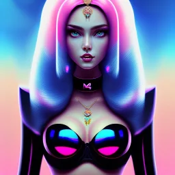 portrait in oil of busty beautiful Blackhaired woman, purpurin, minimal skintight latex pink dress, gradient color, BLUE, PINK, CYAN, neon, insanely detailed, 16k resolution, perfect eyes, cinematic smooth, intricate detail, in the style of Kaare Andrews