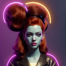 Pretty cyber woman, red hair, sci-fi, rounded face, black, gold, brown, geisha style, simetric, neon style, a lot of led lights, fog, rain, leather coat, vibrant color, highly detailed, art stations, concept art, smooth, unreal engine 5, god rays, ray tracing, RTX, lumen lighting, ultra detail, volumetric lighting, 3d, finely drawn, high definition, high resolution.