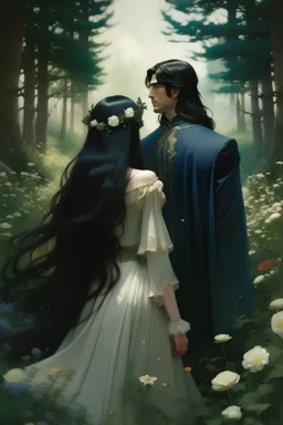 A princess wearing a flowery hat, with her back to the camera, in the middle of a beautiful trail in a flowery forest, long black hair, flowy gown, facing an extremely handsome prince, semi realism, book cover, female protagonist, man facing us, woman away from us