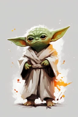 modern colored oil style of Baby Yoda Grugo from the Mendelorian, white background, color splashes