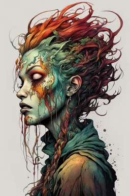 highly detailed full color, 3/4 profile concept illustration of a haggard, otherworldly female druid anti heroine character , maximalist, sharp focus, highest resolution, in the styles of Alex Pardee, Denis Forkas , and Masahiro Ito, boldly inked, 8k, coarse, gritty textures