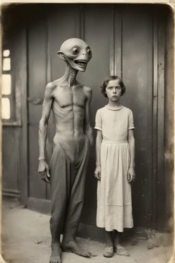 1900's black and white vintage photo, interior teeth warehouse, grey alien human hybrid creature with a family that is sad, captured on square format film, grainy, aged