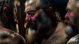 close up photo, chubby muscular burly sweaty turkish man looking down, masculine hairy 59 year old man, with other two male hands touching the chest , dreadlocks, long beard, manly shoulders, ambient occlusion , , super high resolution, 8k, cinematic light, ultra hyper realistic, view from the bottom