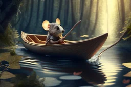 strong mouse rowing in boat, in forest by stream, book illustration, fine detail, 4k, trending, volumetric light, depth of field