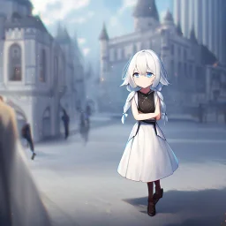 Clear focus,High resolution,High quality, White hair with two braids going down behind her back, red cloack, black sleeveless, white skirt, no socks or shoes on, Blurry background, Snowny background, Frown, Blue eyes