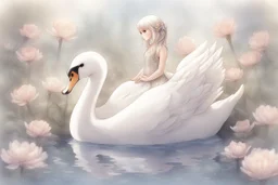 beautiful swan and cute chibi princess in a flowergarden with beautiful flowers, pond, in sunshine, H.R. Giger, anime, steampunk, surreal, watercolor and black in outlines, golden glitter, ethereal, cinematic postprocessing, bokeh, dof