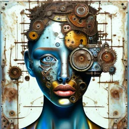 an abstract painting of rusted clocks, by lucian freud, rust, scaffolding, iron cladding, decay, mixed media, textured, anatomically correct, beautiful woman perfect face, blue eyes, sharp focus, highly detailed