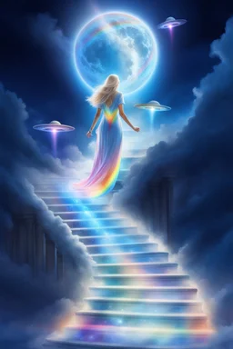 fantastic,Beautiful woman, stairway to heaven whit rainbow, ufos arc en ciel futuriste très beau