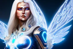 A beautiful portrait of a cute smiling cyber woman with wings, long blond platinum hair, luminous blue eyes, high key lighting, volumetric light high details with blue and white stripes white luminous celtic paterns, beam starry background