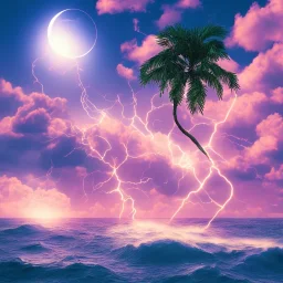 1980's vaporwave aesthetic palm trees with lightning with solar eclipse in the ocean waves sunset