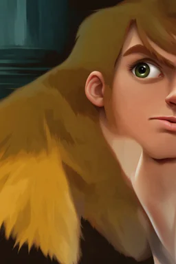 Redraw the cartoon character and fix the image resolution His hair is brown and long, but messy. His lips are closed, showing his bravery. His eyes are lined, showing his determination. He has shadows under his eyes, showing his stress and convert the drawing view 3D panel style digital Painting detailed with a panoramic scene Ultra-wide angle Highly realistic precise details Detailed