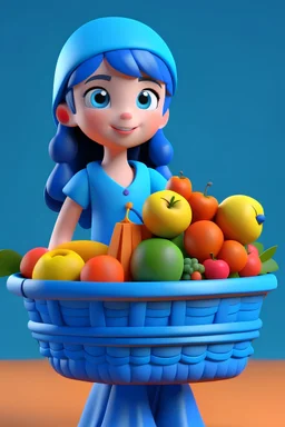 Seorang gadics berpakai warna biru membawa sekeranjang buah 3D animation