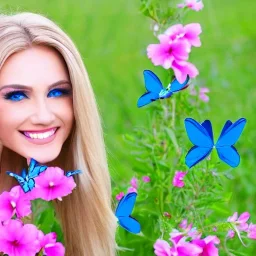 jolie femme avec longs cheveux blonds - joli visage souriant , beaux yeux bleus - grandes ailes roses transparentes ciel bleu fleurs