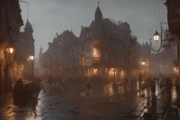 Bustling Small medieval fantasy town, rainy, street lights