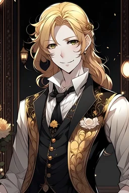 Anime boy at a masquerade ball wearing fitted waistcoat, stark black against the crisp white of his button-up. His sleeves were loosely rolled up to reveal toned forearms. Still, the top two buttons of his shirt had been purposefully left undone, his long golden hair artfully ruffled in a very long braid and he had hazel eyes