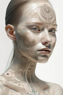 Portrait of a woman, creamy colors, robotic skin, embroidery on skin