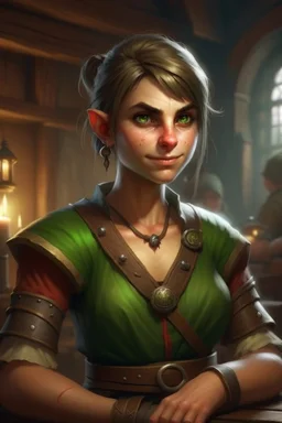 Dungeons and dragons young woman. She is an orc. She has green skin. She is kind. She is handsome. She has nice eyes. She has short hair. She is strong. She is in a tavern. She has broad shoulders. She has a large jaw. She wears casual peasant clothes. Realistic style