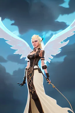 blue sky clouds, blonde steampunk angel in a flowing gown, majestic