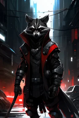 a cyberpunk racoon wizard standing in a city street, black armour, with red highlights, grey cyberpunk city background