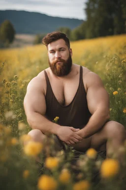 full figure photography, shy muscular big fat chubby, 35mm lens, burly italian man short hair, 27 years old sitting in the meadow with a flower in a hand, near a big farm , red short beard, , hairy armpits, manly armpits, ugly, manly chest, hairy chest, big shoulders, , huge belly, manly chest, shirtless, with boxer, emotive eyes looking at camera, photorealistic ,sunlight , ambient occlusion, side view, poetic composition, golden ratio