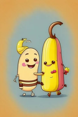 Banana and bacon cute cartoon characters being friends and holding hands