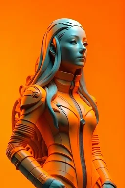 Full rubber grey futuristic girl with a lion rubber effect and far away on a orange background far away and separated