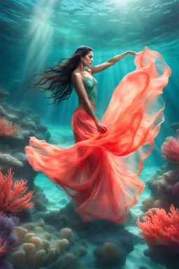 A graceful dancer wearing flowing skirts, in bright beautiful colors, underwater in a crystal clear jade colored ocean. Her long dark hair is flowing behind her. Bright coral and sea plants in the background. High resolution, high quality, 8k ultra high definition, high key realism, full body shot, contemporary art style