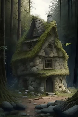 A house made of stone and mud in the middle of the forest, by Disney
